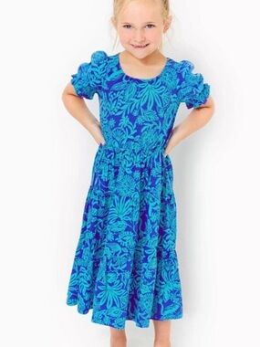 Lilly Pulitzer Blue Floral Puff-Sleeve Kids Dress size 6/7